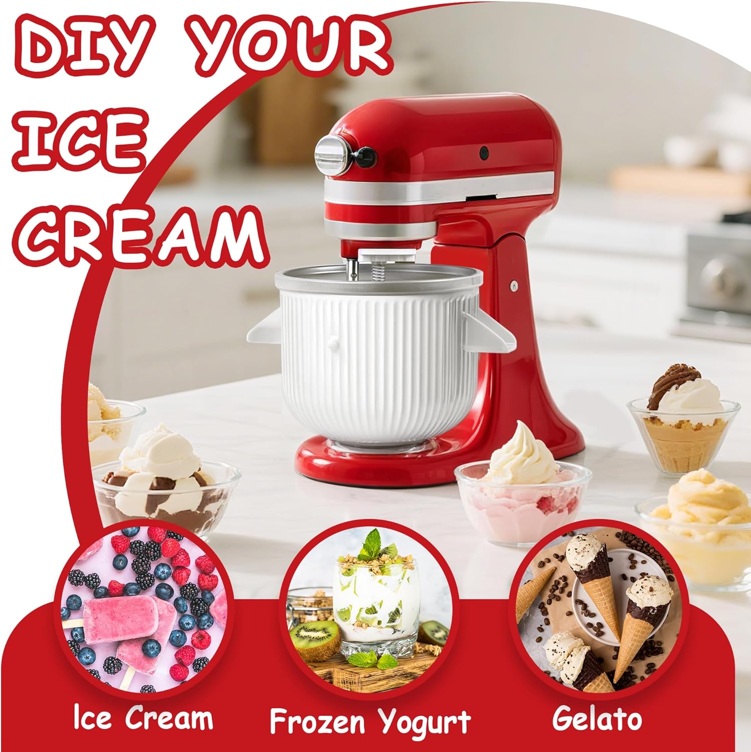 Detalle de Ezato Ice Cream Maker Attachment for KitchenAid (2 Quart) — White, for 4.5/5QT & 6QT Mixers