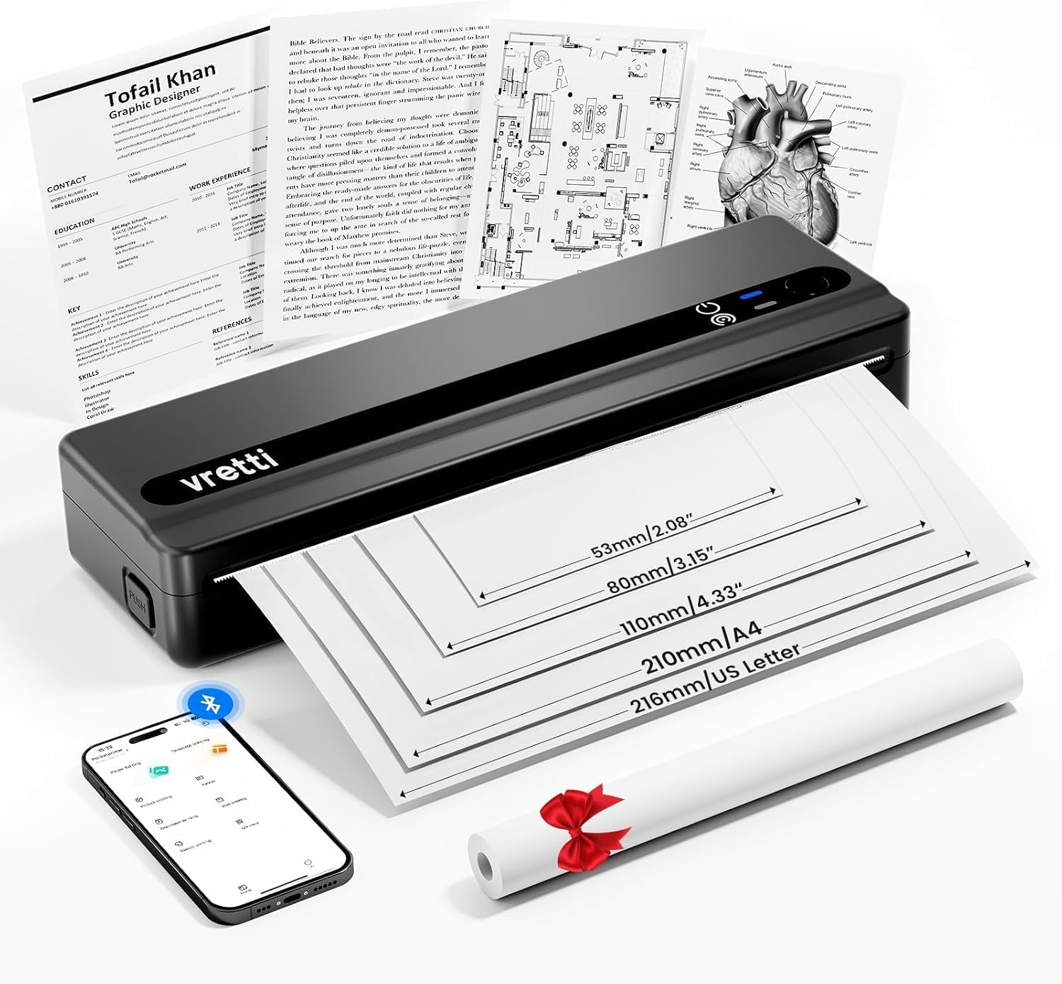 vretti PB821 Portable Inkless Printer: Compact A4 Thermal Printer with Bluetooth & USB, Android/iOS Compatible