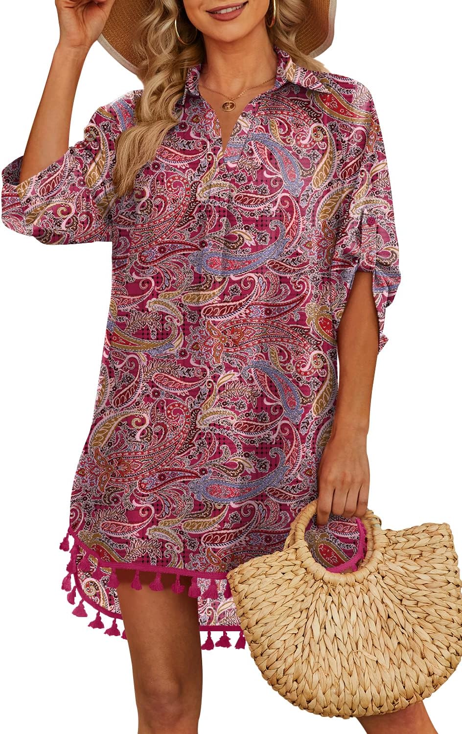 Thumbnail 6 de Yincro Women Swimsuit Cover Up Shirt with Tassel Details (V-Neck, Asymmetrical Hem)