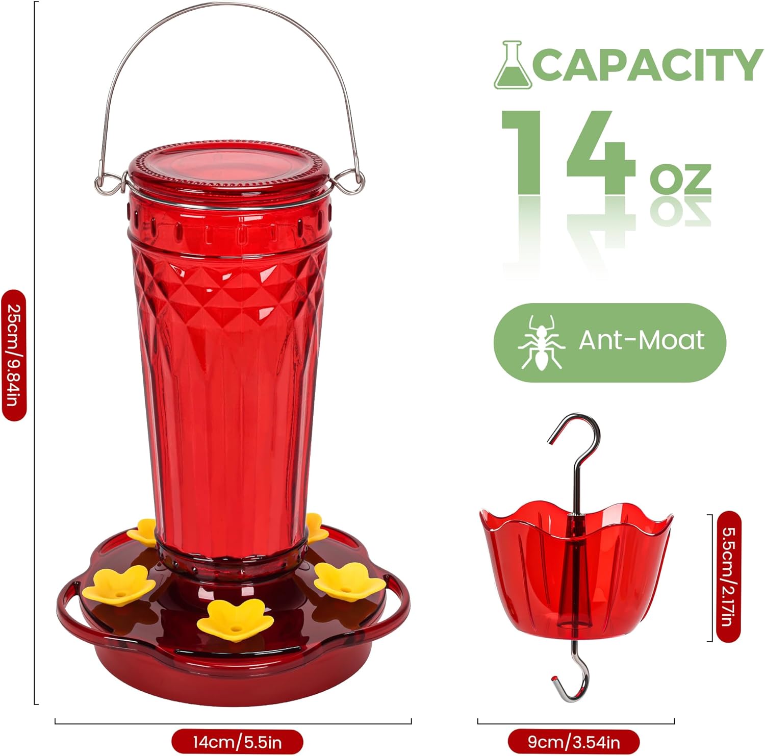 Thumbnail 1 de Zamelane Glass Hummingbird Feeders (2-Pack, 14 oz) with 5 Feeding Ports and Ant Moat
