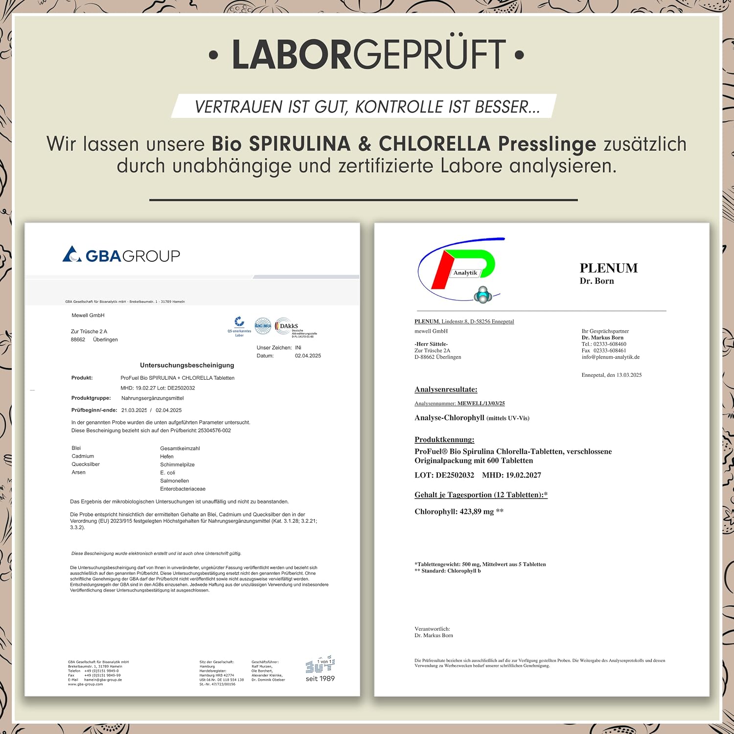 Detalle 1 de Bio Spirulina & Chlorella Presslinge 600x — 3000 mg Spirulina