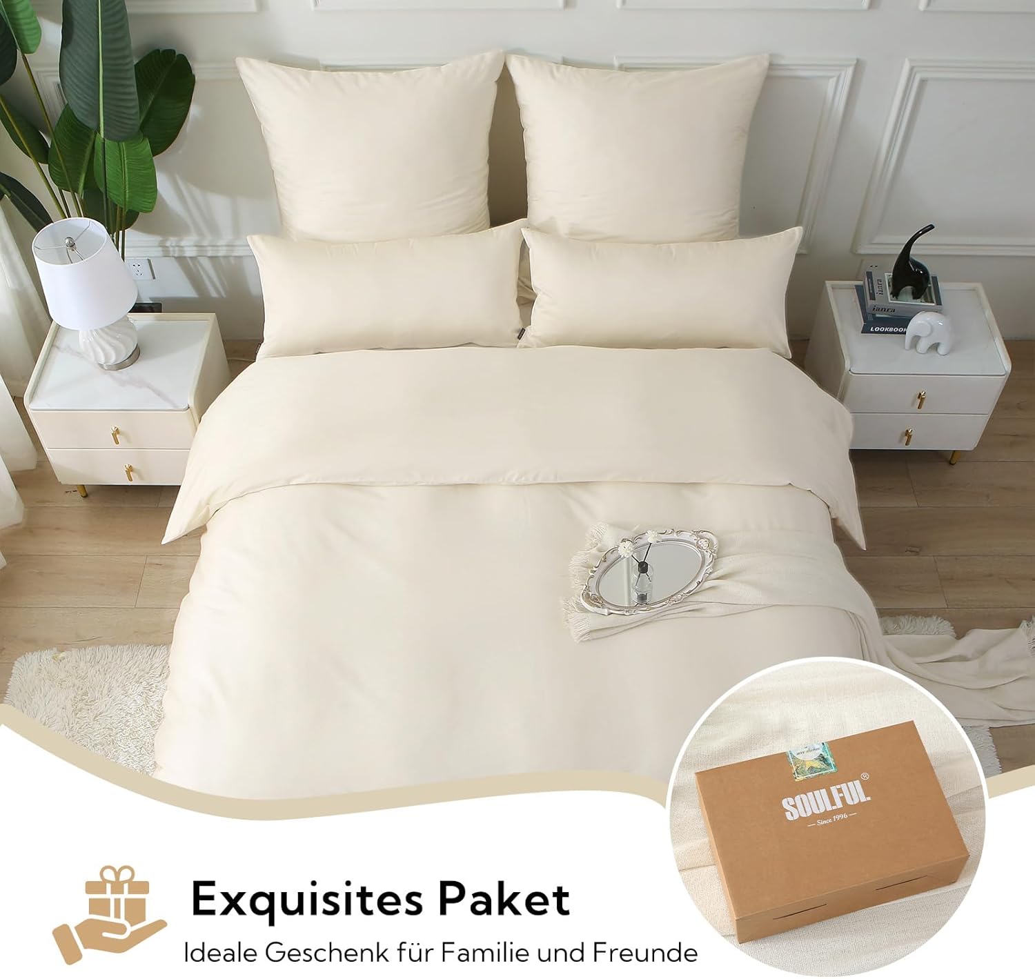 Thumbnail 6 de SOULFUL Satin Bettwäsche 135x200 (4-teilig) 100% langstapelige Baumwolle in Beige