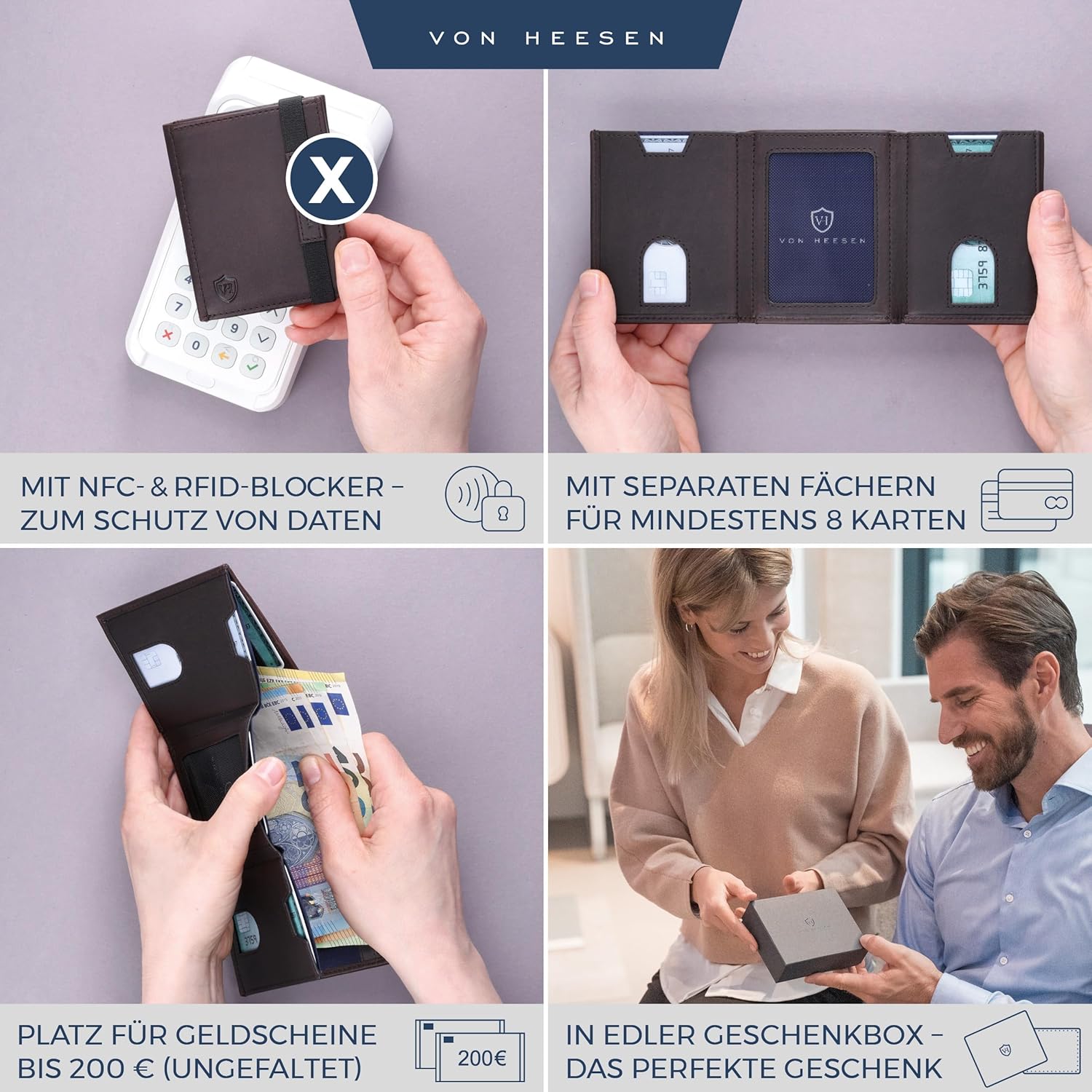 Thumbnail 1 de VON HEESEN Slim Wallet mit RFID Schutz – Herren Geldbörse klein aus Nappa-Leder (Braun Waxy)