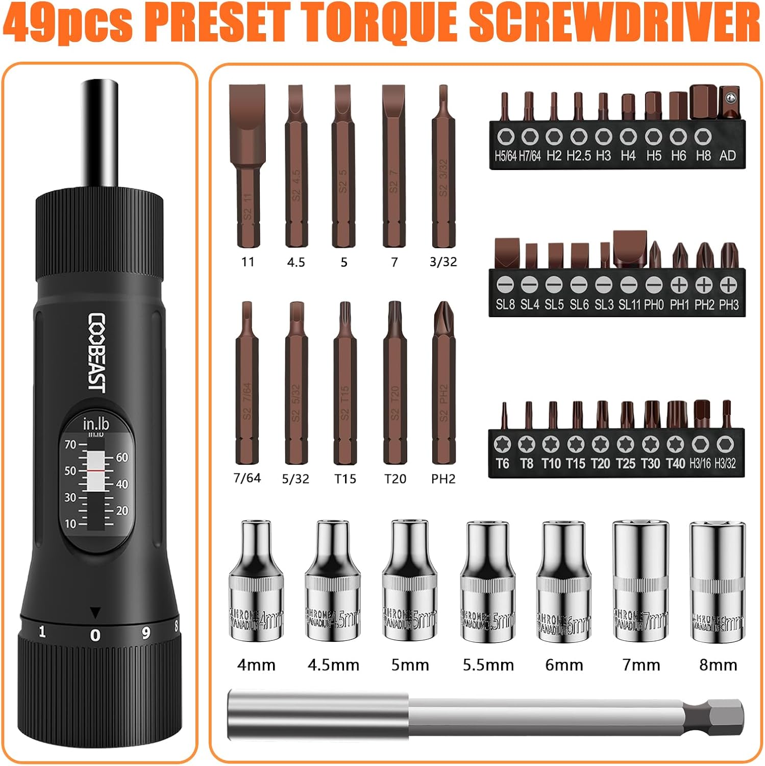 Detalle 2 de coobeast S2 49-Piece Torque Screwdriver Set, 1/4-Inch Drive, 10–70 in-lb
