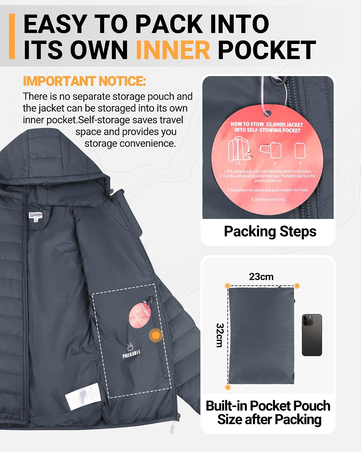 Detalle 2 de 33,000ft Damen-Steppjacke Packbare 1 Übergangsjacke