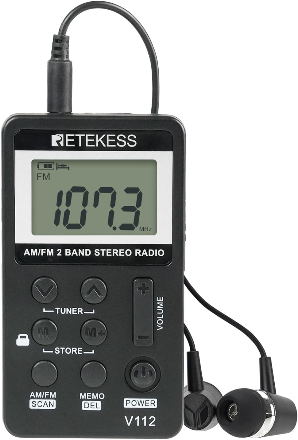 Retekess V112 miniradio portatile ricaricabile con cuffie (AM/FM, Nero)