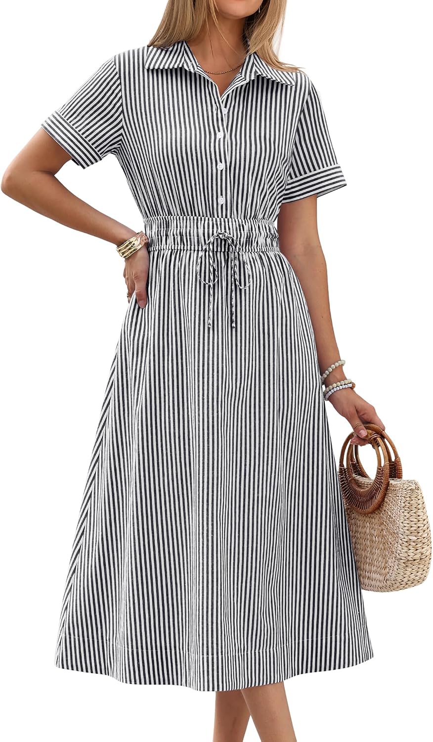 Detalle de ANRABESS Women Summer Short Sleeve Midi Dress: Striped & Gingham, Casual A-Line Shirt Dress