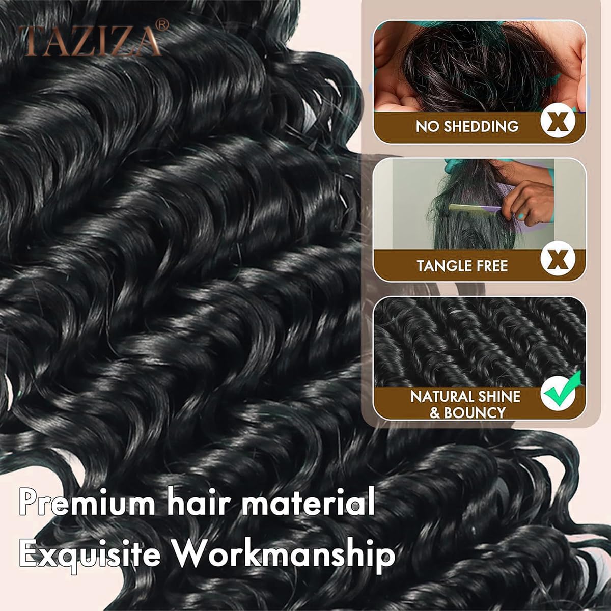 Detalle 2 de 10A Water Wave Bundles: Brazilian Unprocessed Virgin Remy Hair (16, 18, 20 Inch) – Deep Curly, Natural Black