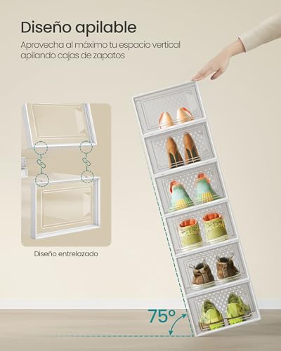 Detalle de SONGMICS Cajas de Zapatos: Organizador de Plástico, Plegable y Apilable (12 uds, Talla 43) - Transparente y Blanco Nube