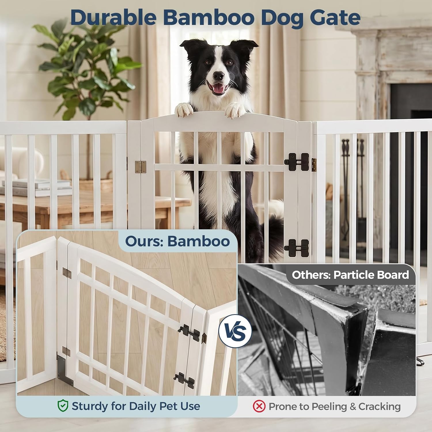 Detalle de Homykic HK-ZWL4P-30IN-WH Bamboo Dog Gate with Door, 30-Inch, White