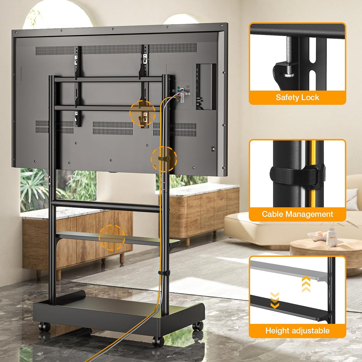 Thumbnail 5 de TVON support TV sur pied à roulettes pour écrans 40 à 86 pouces, hauteur réglable et socle en bois (VESA jusqu’à 600x400)