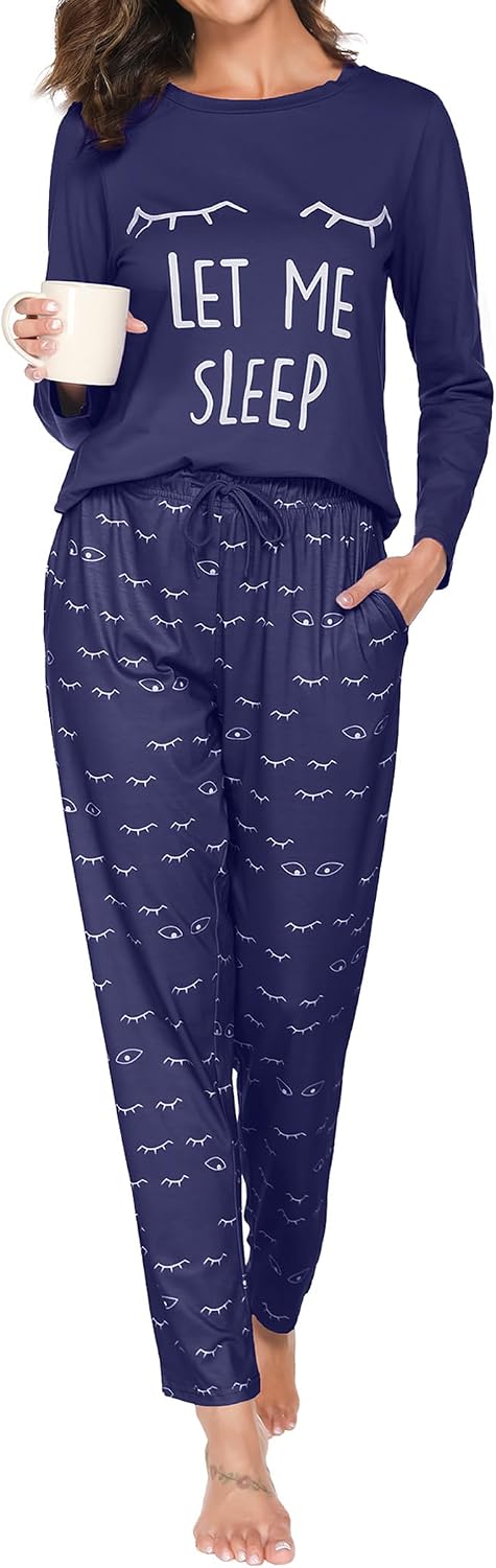Detalle de Cotton Lounge Set katoenen damespyjama met ronde hals en lange mouwen