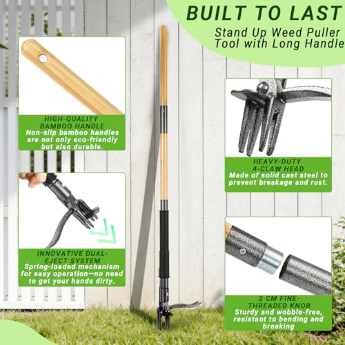 Detalle de Bamda Weed Puller Root Remover Tool (110.5cm) – Durable Bamboo Handle, 4-Claw Steel Head