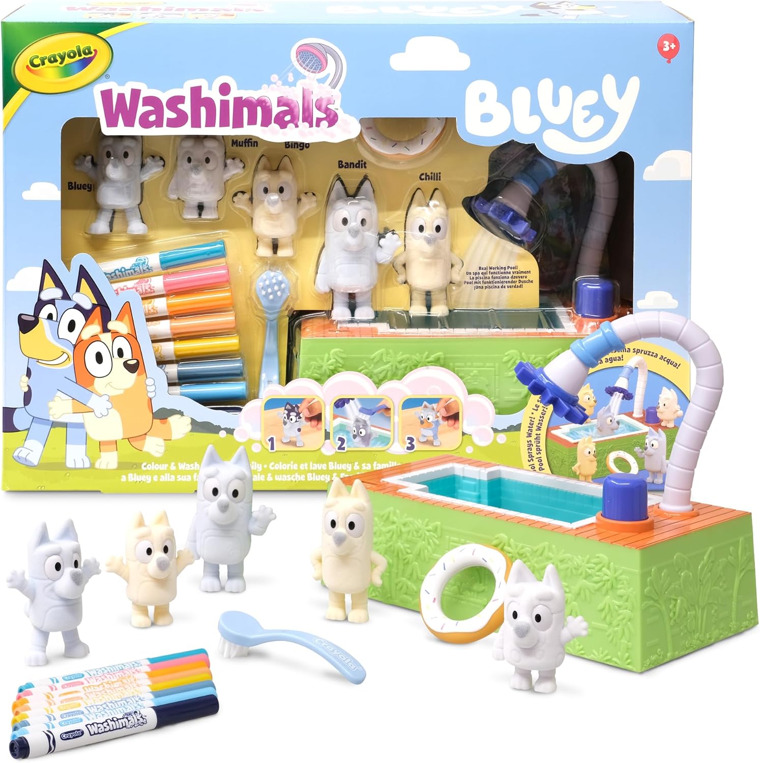 Detalle de CRAYOLA Washimals Bluey – Coffret d’activités avec piscine et 5 chiots