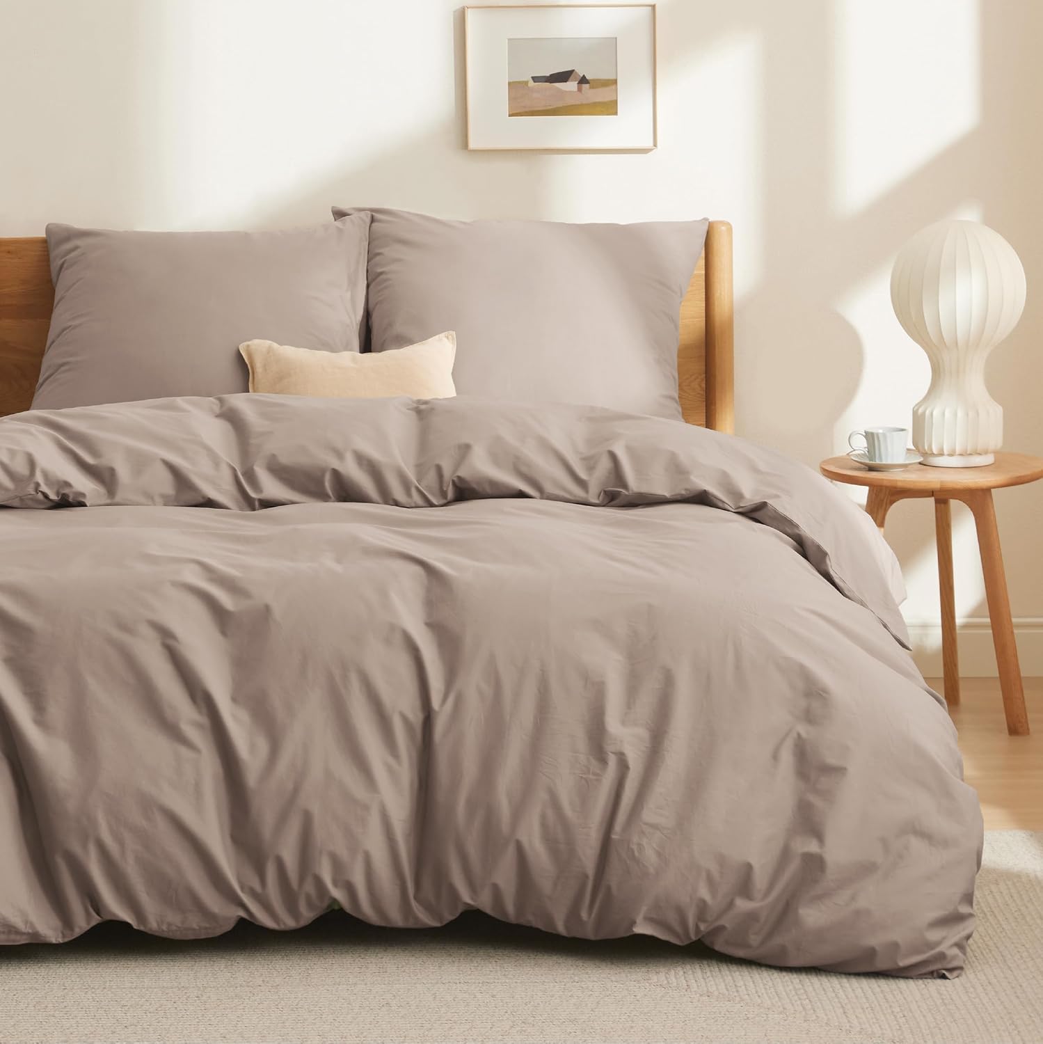 Detalle de BEDSURE Bettwäsche 220x240 Baumwolle Khaki – 3-teiliges Set mit Reißverschluss, OEKO-TEX zertifiziert