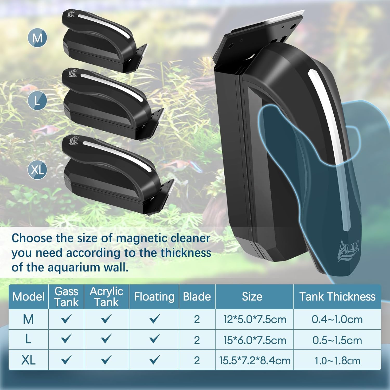 Detalle 2 de AQQA Magnetic Fish Tank Cleaner with 2 Detachable Scrapers for Glass & Acrylic