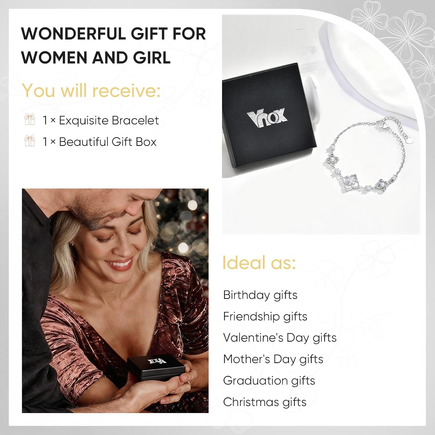 Detalle 2 de VNOX Four Leaf Clover Bracelet for Women – Adjustable Silver 14K Gold Link Chain
