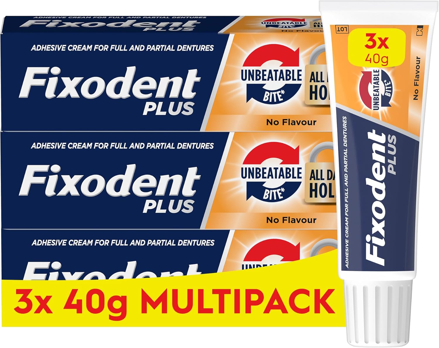 Detalle de Fixodent Plus Unbeatable Bite Denture Adhesive — Flavour Free 40g (Pack of 3)