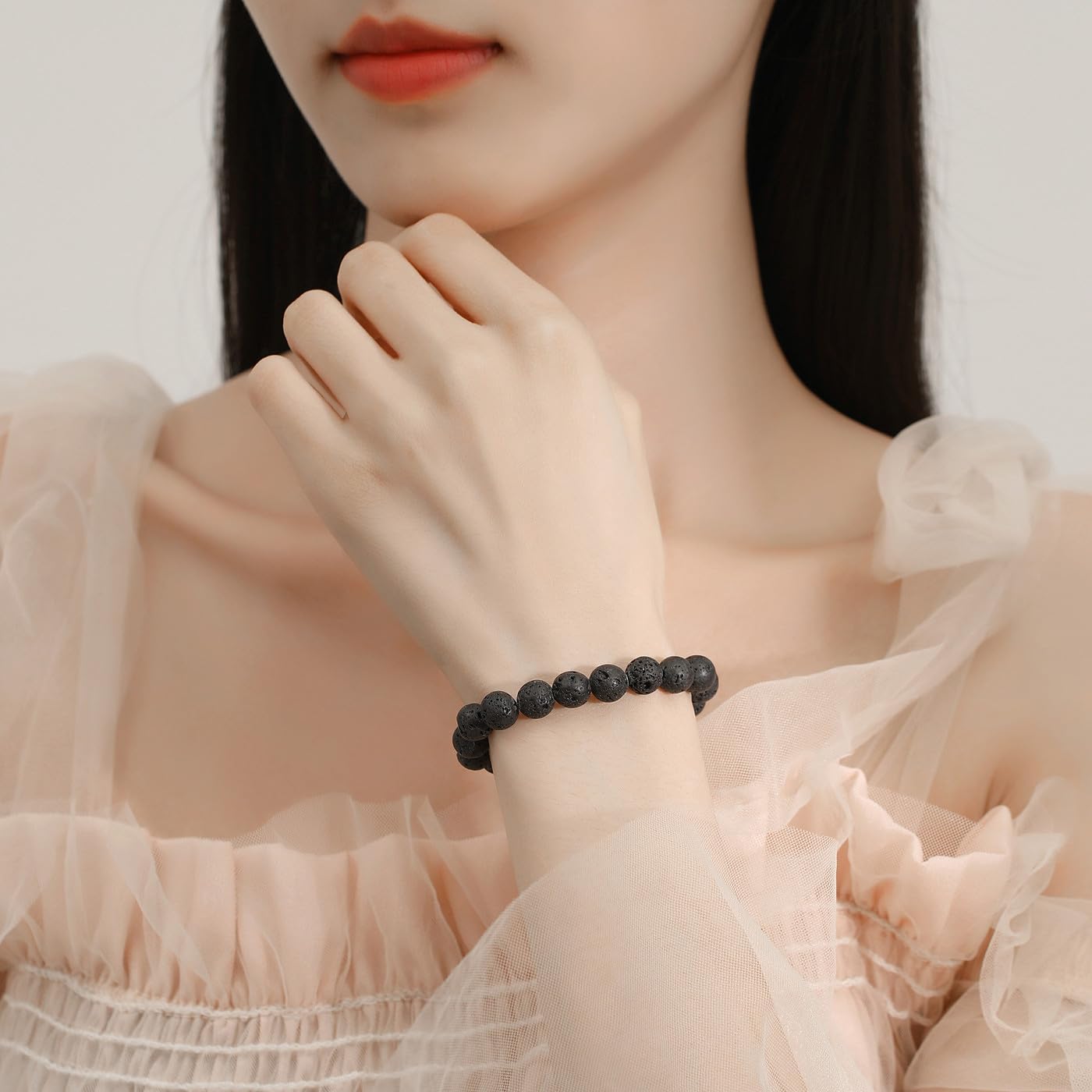 Detalle de XIANNVXI 8mm Perlenarmband – elastisch, Lavastein & Kristalle