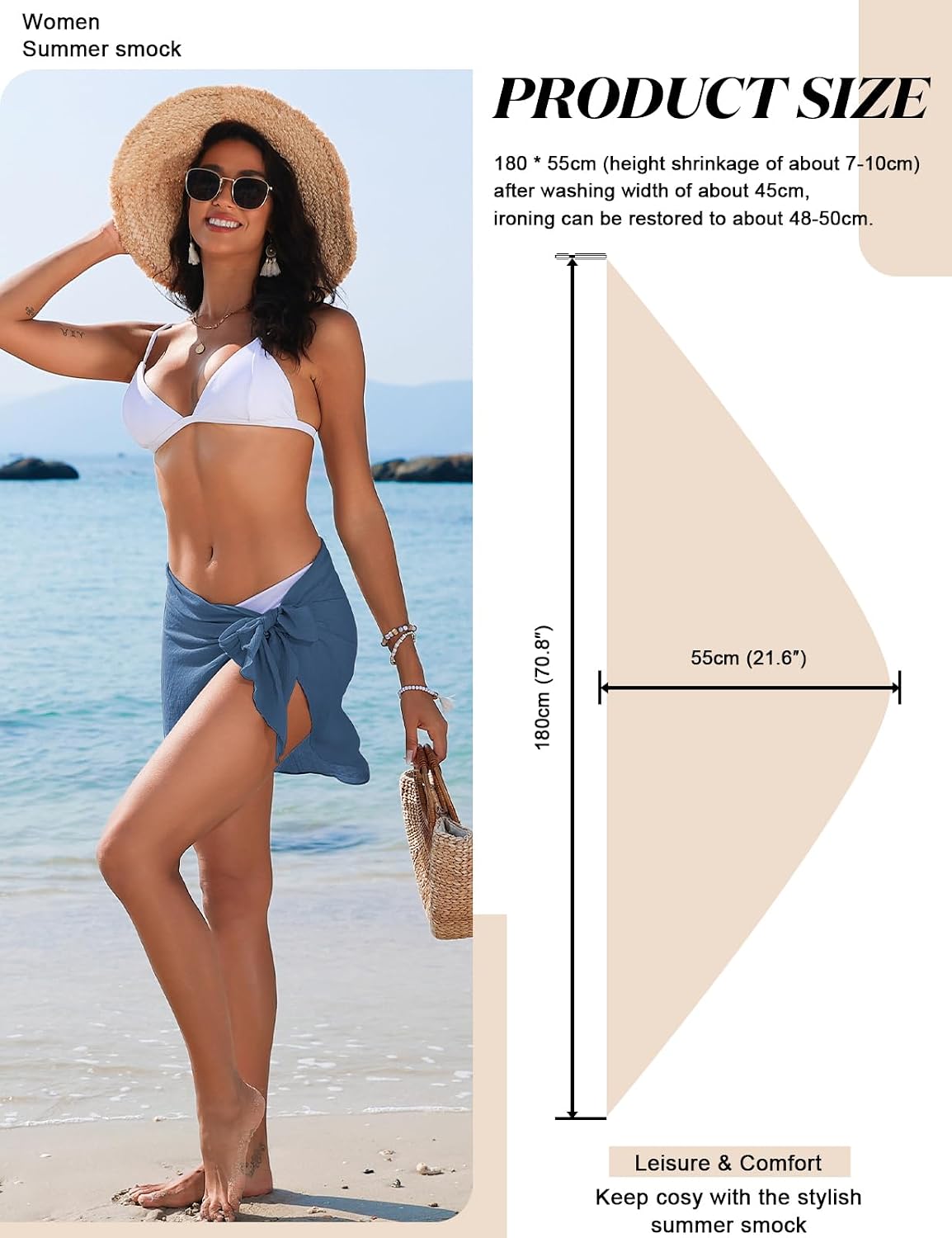 Detalle de Tuopuda pareo donna da mare 180 x 55 cm: copricostume sarong corto elegante per spiaggia, piscina e viaggio