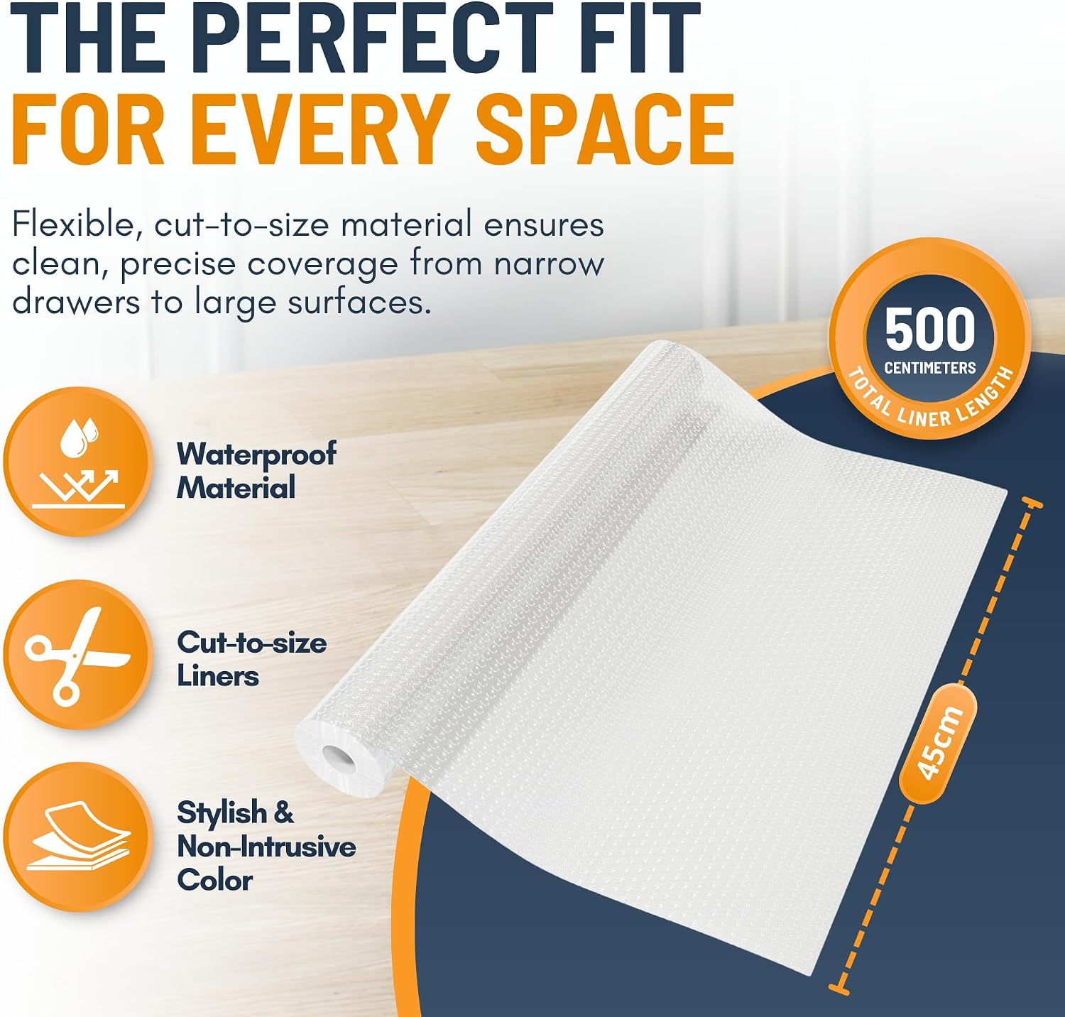Detalle 2 de Linda’s Essentials Kitchen Drawer Liners (44.5 x 500 cm) – Clear non-slip EVA mat for cupboards & fridge shelves