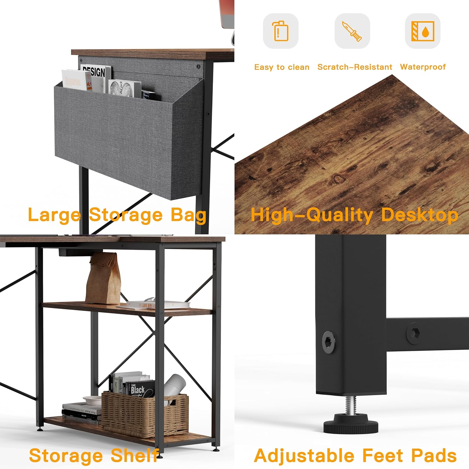 Thumbnail 5 de BEXEVUE Small L-Shaped Desk with Power Outlets – 100x70 cm Corner Computer Desk