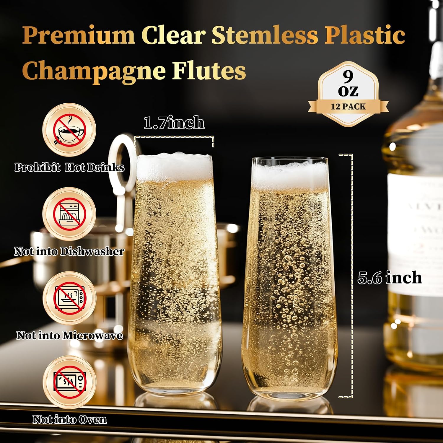 Detalle de GuanQiao Stemless Plastic Champagne Flutes, 9 oz