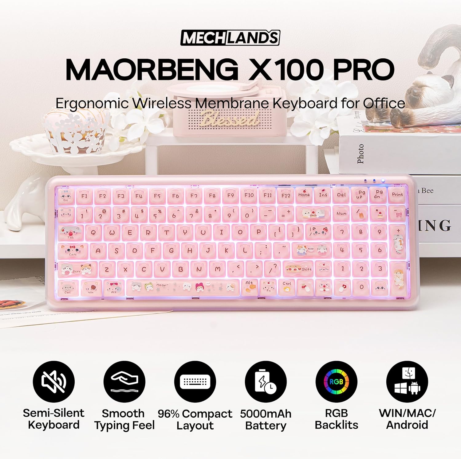 Thumbnail 1 de MechLands X Maorbeng X100 PRO Membrane Gaming Keyboard (96% Layout) with 5000mAh Battery, RGB Backlights, Wireless BT/2.4G, USB-C Wired — Pink