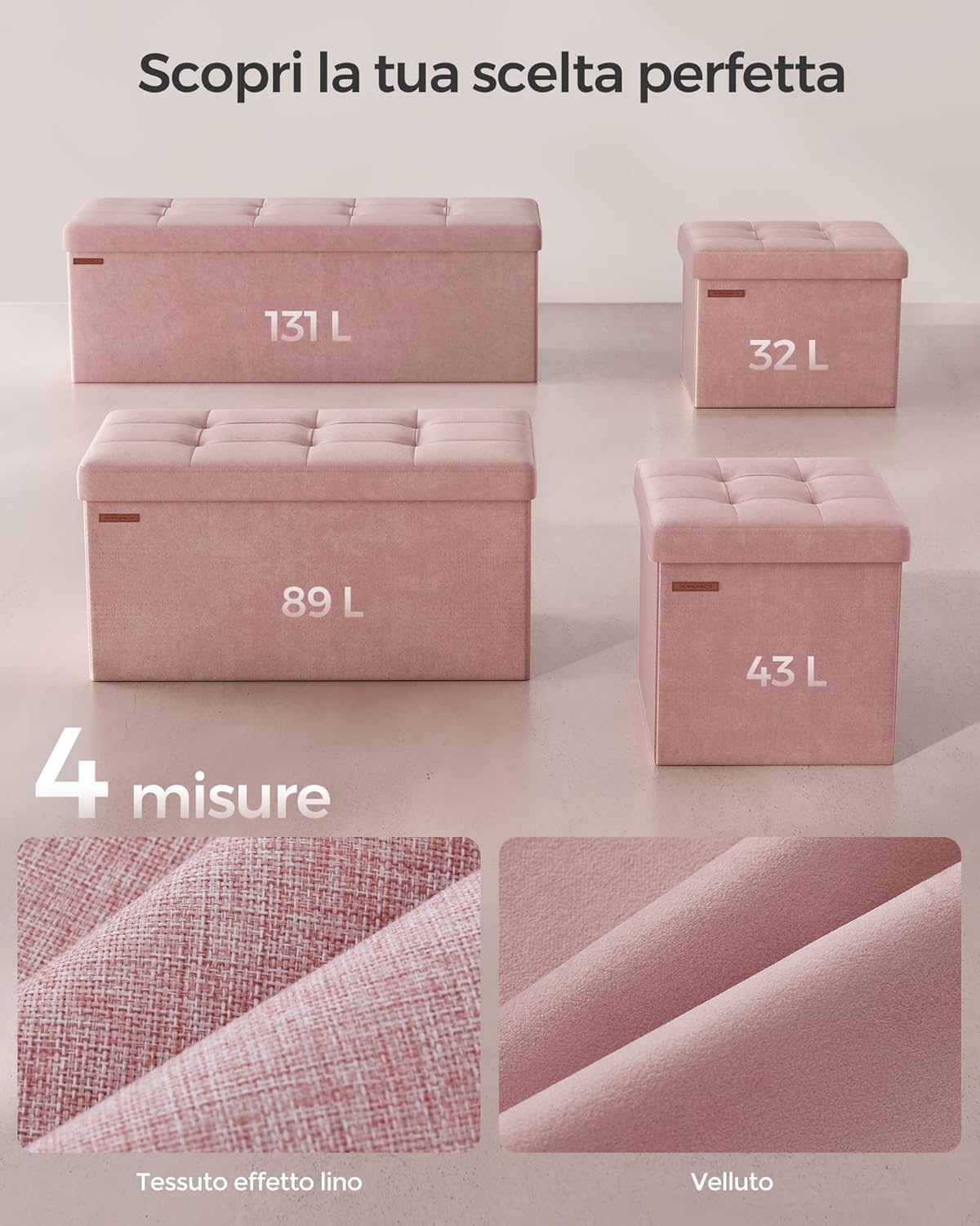 Thumbnail 6 de SONGMICS LSF277R01 Cassapanca Pouf contenitore pieghevole rosa pastello 38 x 110 x 38 cm