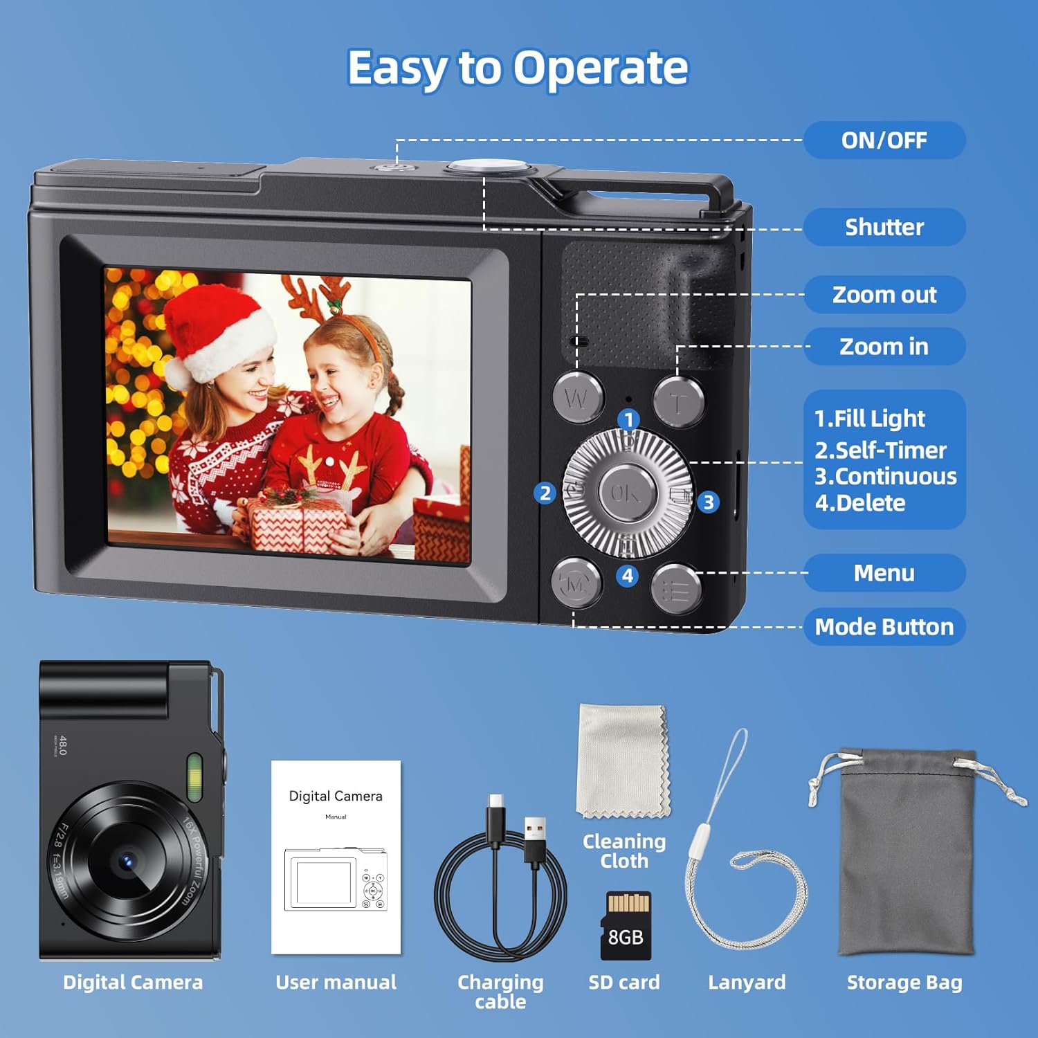 Thumbnail 6 de MaxMango 1080P Digitalkamera – Kompaktkamera mit 16x Zoom, 2,4'' Display, 8GB Speicher