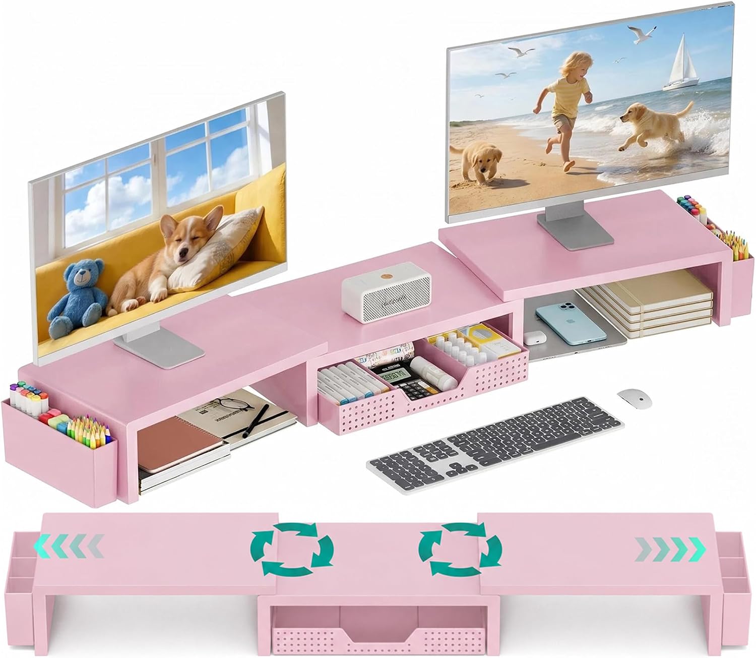 Detalle de OPNICE Pink Monitor Stand Riser with Drawer and 2 Magnetic Pen Holders