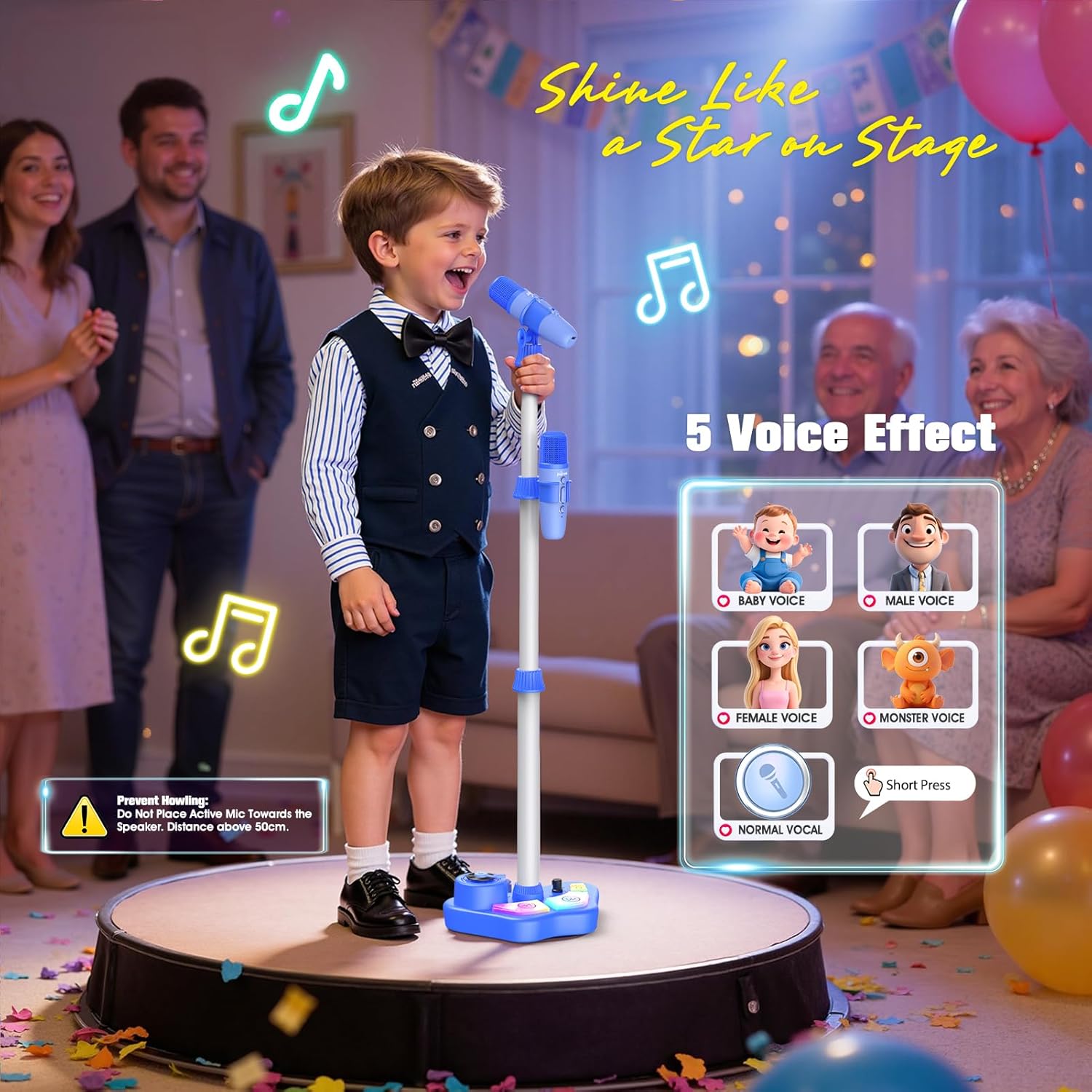 Thumbnail 3 de Karaoke Maschine mit zwei Mikrofonen für Kinder 3–12 Jahre – verstellbarer Mikrofonständer (47–108 cm) inkl. LED-Effekte