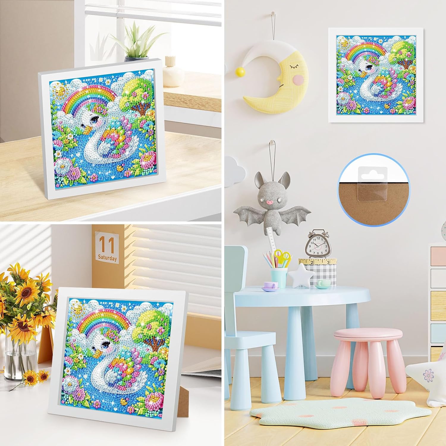 Detalle de BIGRIMA 5D Diamond Art Kit, 7x7-Inch Framed Rainbow Swan