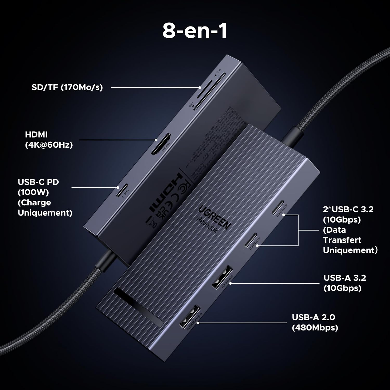 Thumbnail 1 de UGREEN Revodok Pro 108 USB-C-hub 8-in-1 met 4K HDMI en 10 Gbps