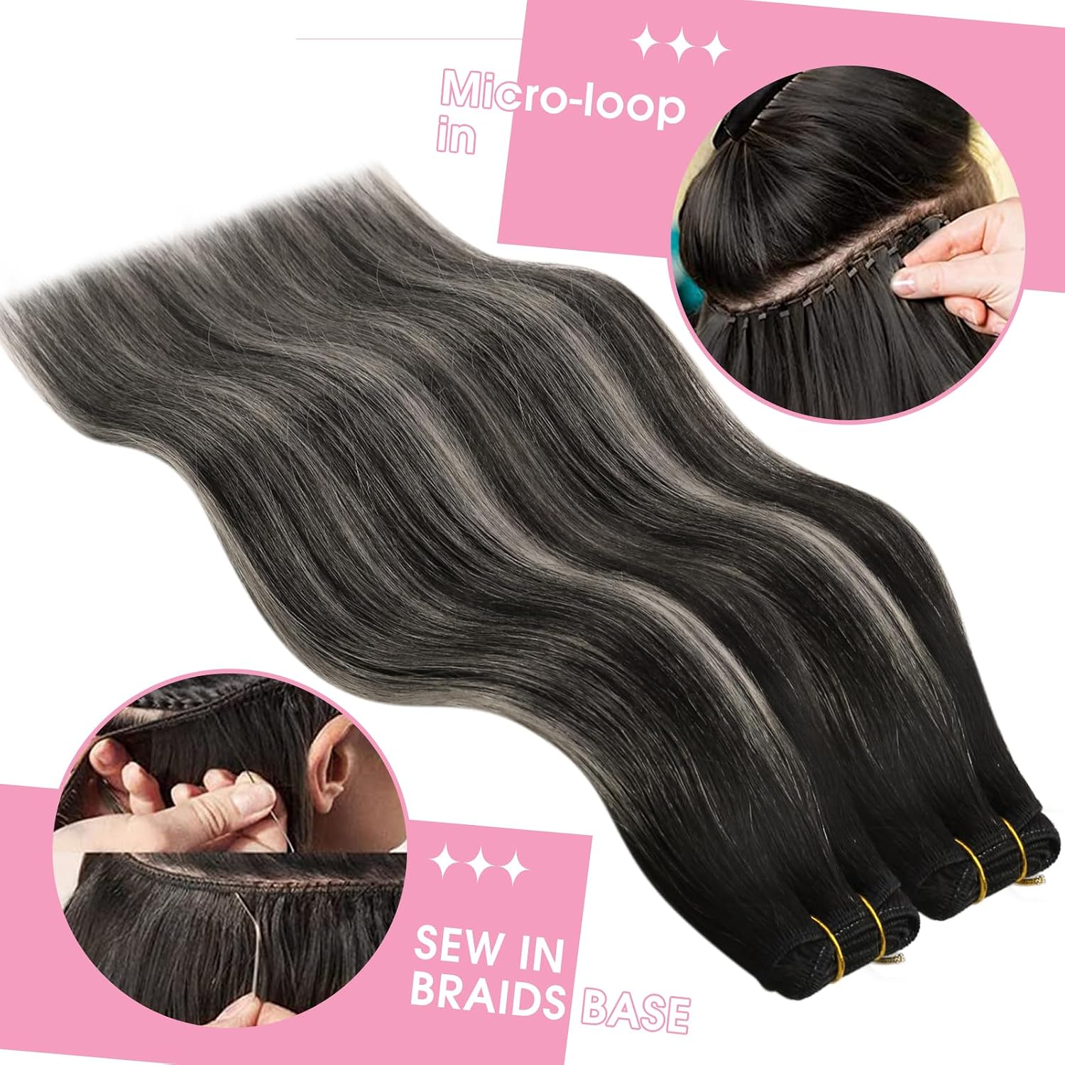 Detalle de YoungSee 60 cm Echthaar-Tressen Ombre – Balayage Extensions zum Einnähen, 100 g, 1B/S/1B
