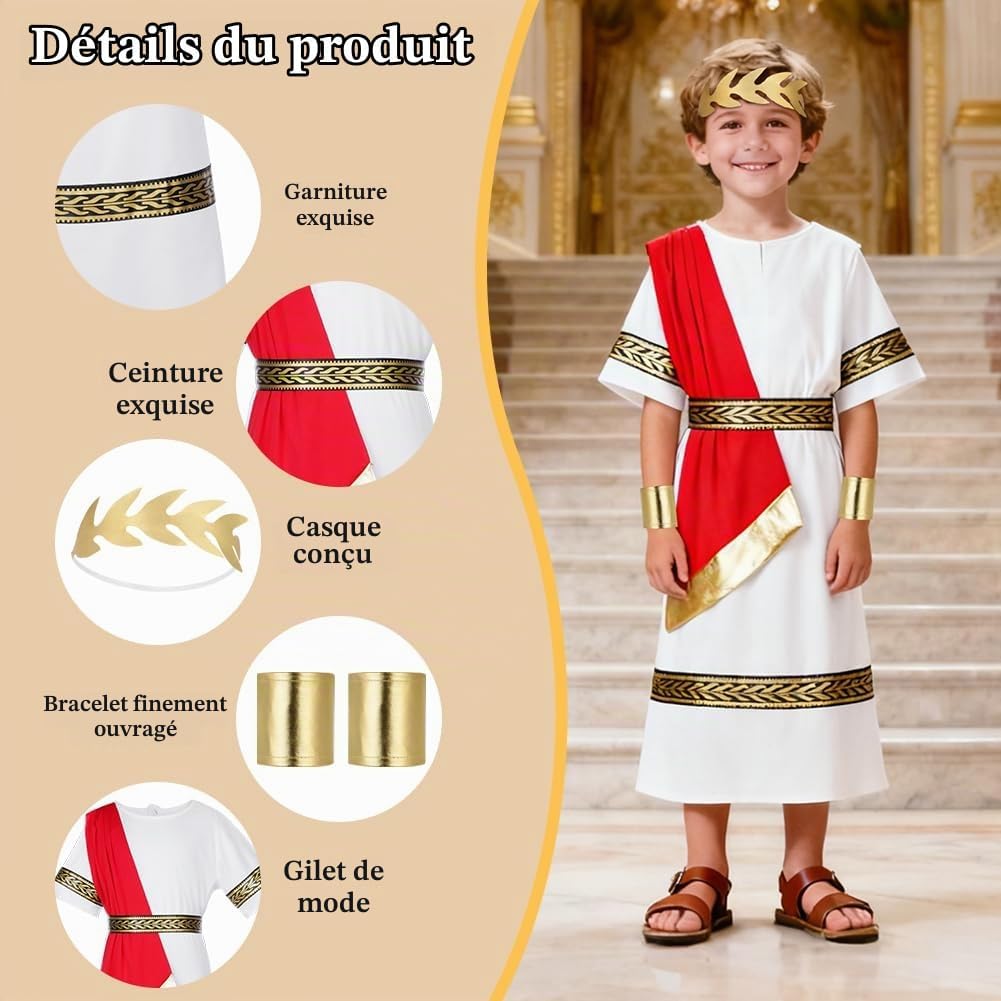 Detalle de BSBUY Romeins keizerkostuum voor kinderen, wit-rood met gouden details
