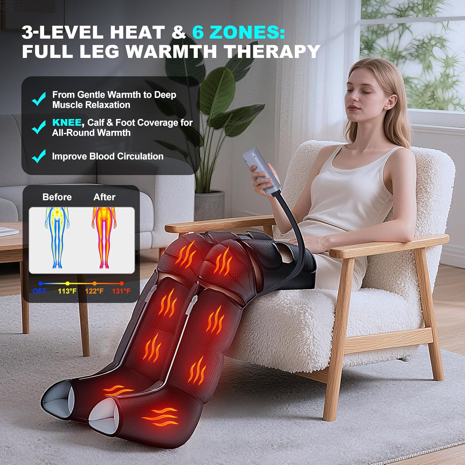 Detalle 2 de MZCNU Leg Compression Massager with Heated Knee: 6 Modes, 12 Intensities, 6 Heating Zones