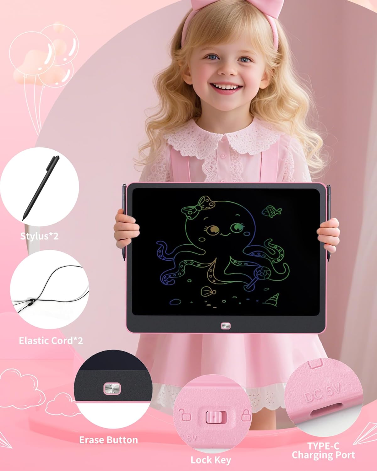 Detalle de Rechargeable 16-Inch LCD Writing Tablet for Kids (Pink) – Doodle Board for Ages 3–8
