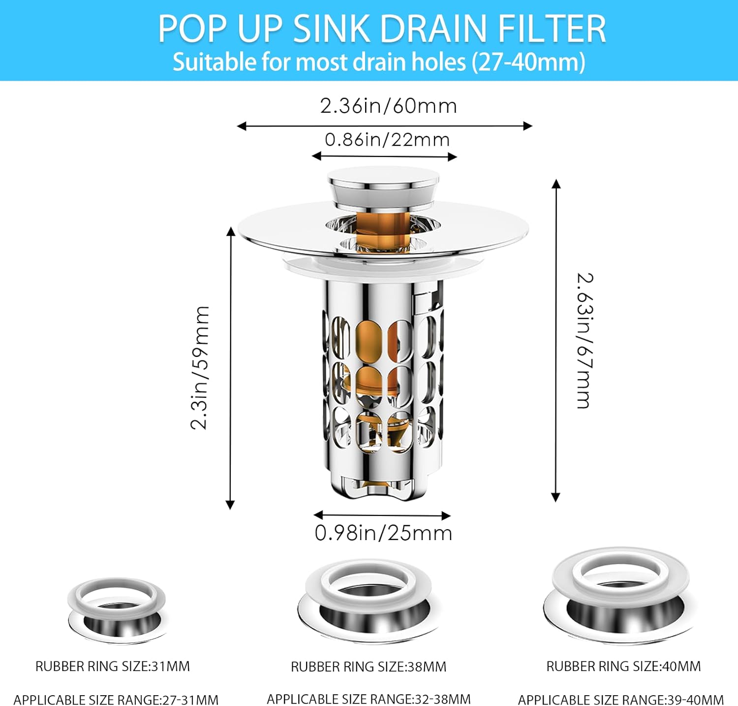 Thumbnail 4 de KIENG Sink Plug: Universal Pop Up Replacement with Bounce Core for 27–40mm Drains