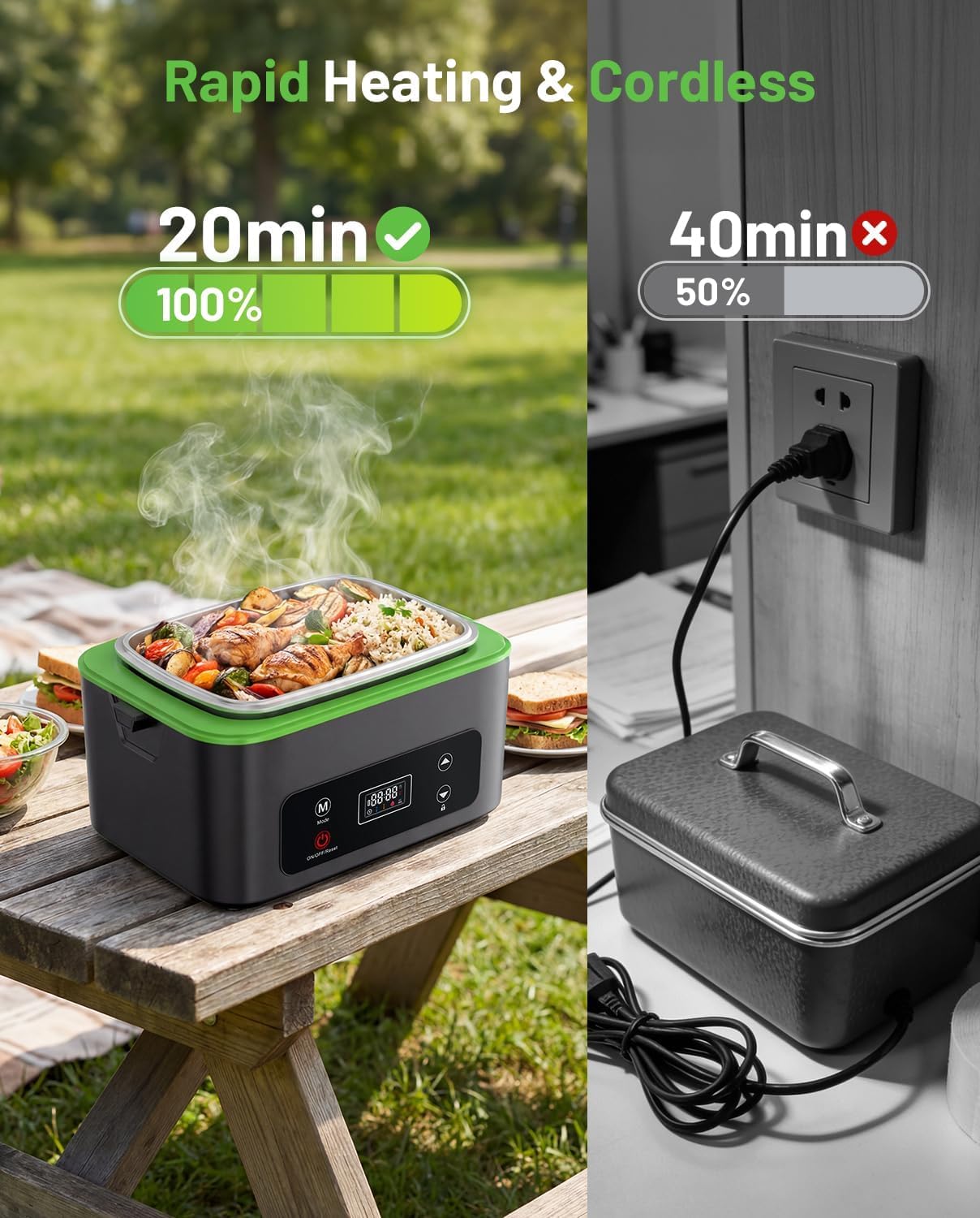 Detalle de TaskStar Heated Lunch Box: 100W Cordless Portable Warmer with 1.2L Leakproof Design