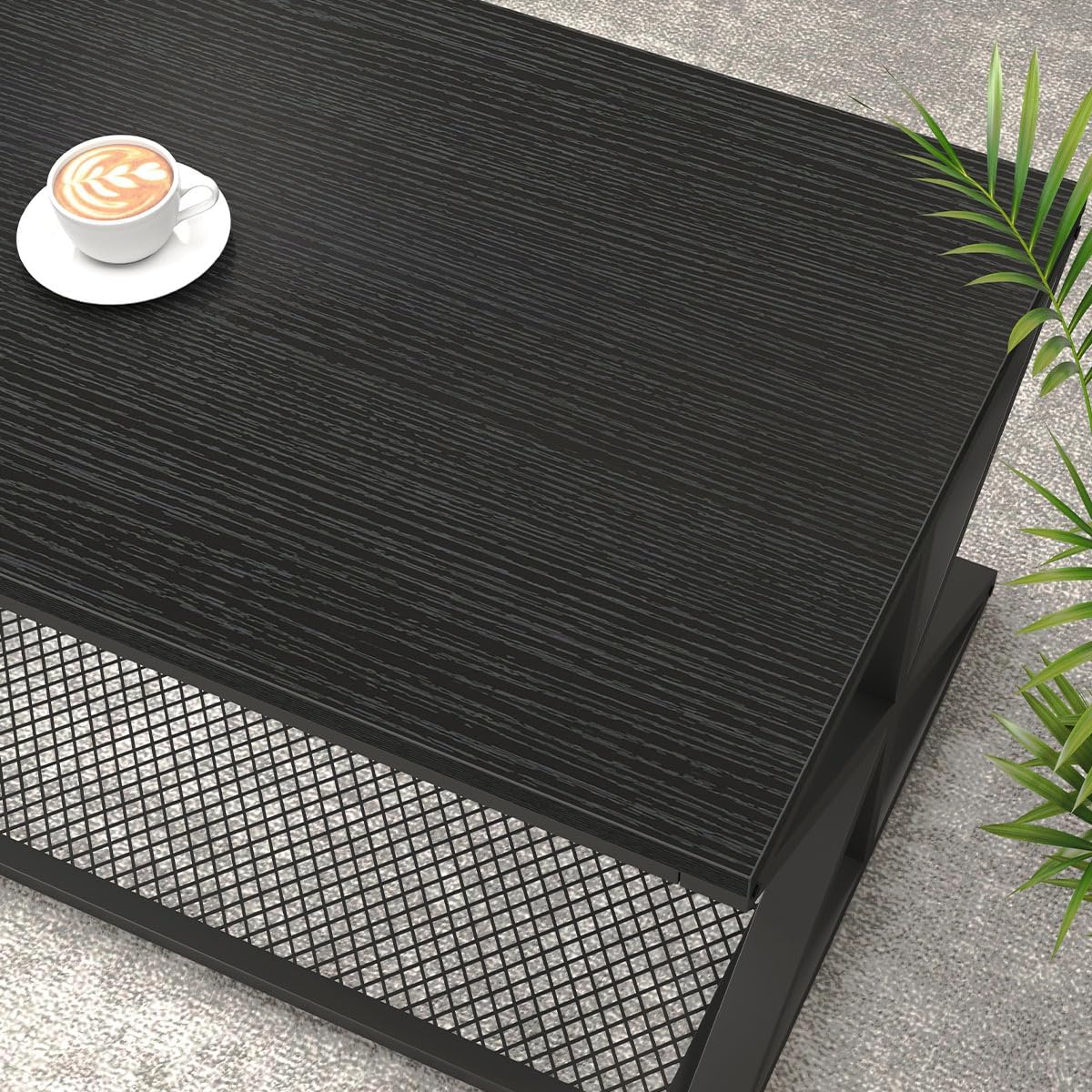 Thumbnail 5 de IBF Tavolino da caffè nero con contenitore a 2 livelli in legno e metallo, tavolo rettangolare industriale
