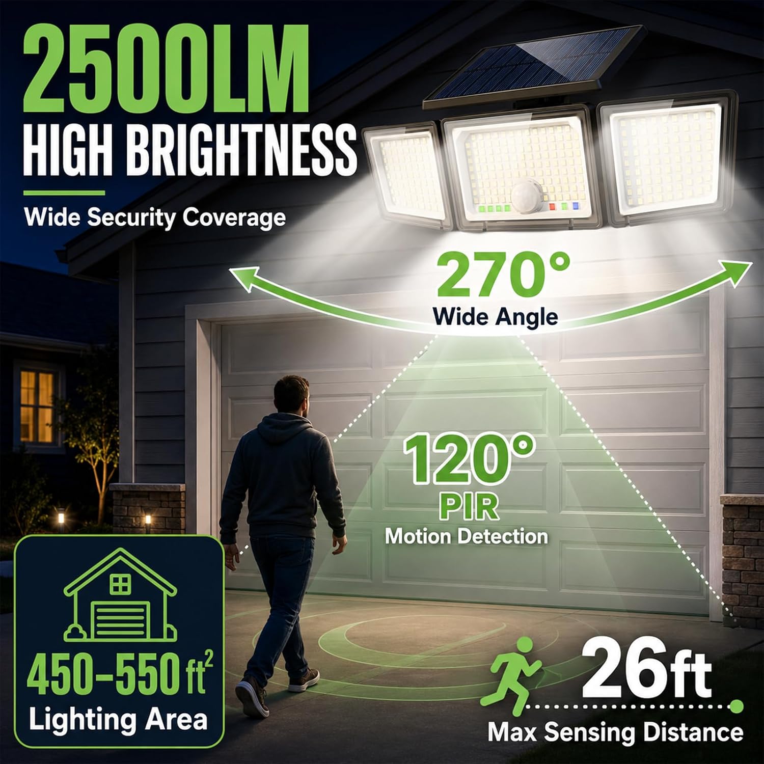 Detalle de Solar Lights Outdoor 286 LEDs 2500LM 3-Head Motion Sensor Flood Light (4-Pack) with Power Display