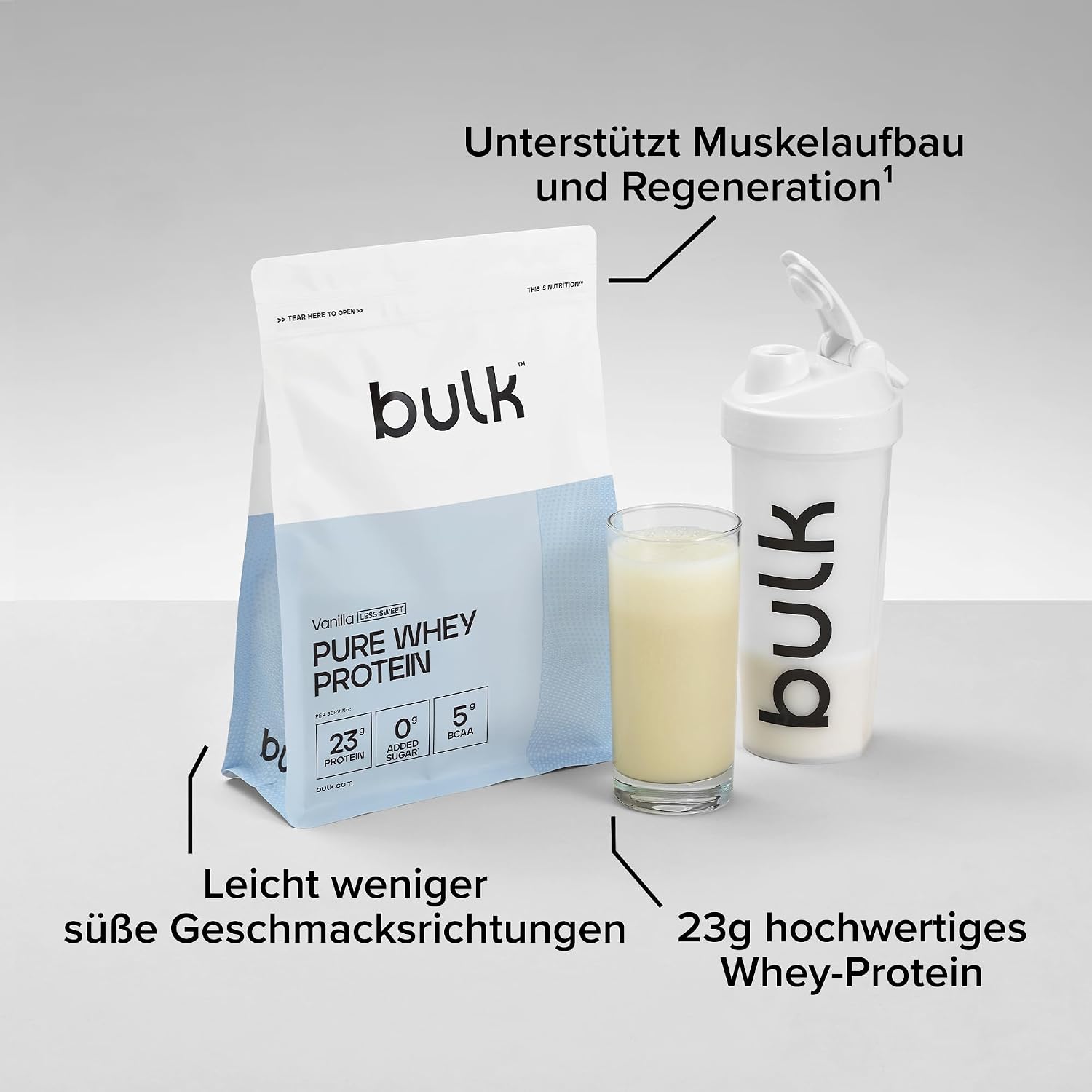 Detalle 2 de Bulk Pure Whey Proteinpulver Weniger Süß Vanille – 5 kg, 23 g Protein pro Portion, 5 g BCAAs, Zuckerarm