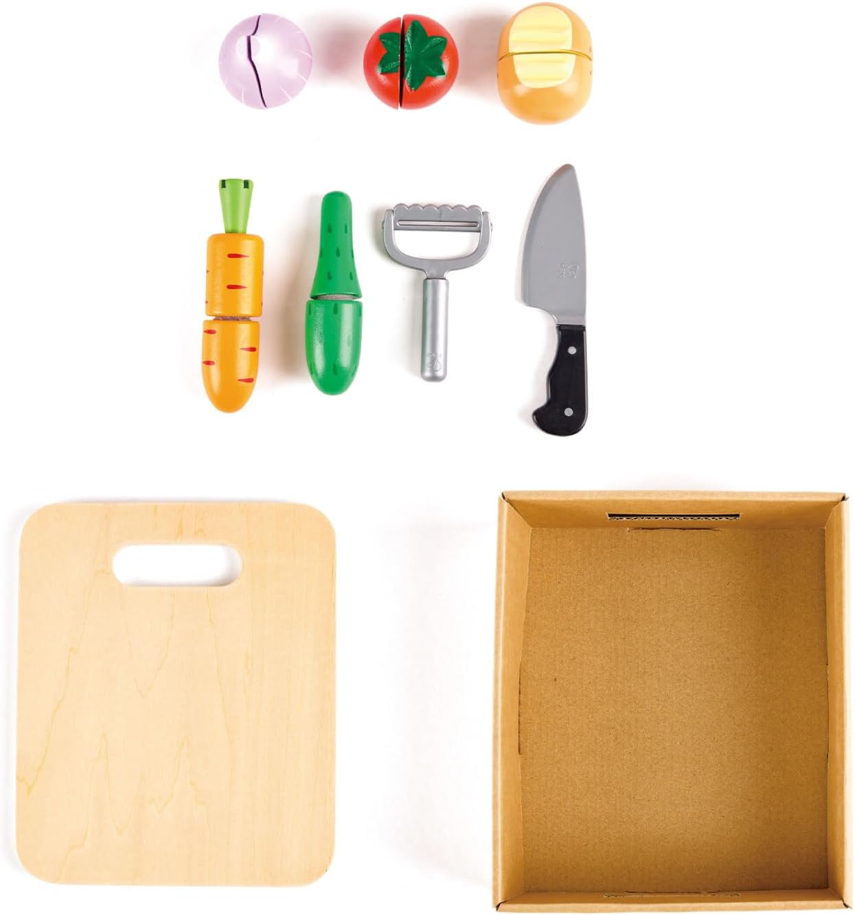 Detalle de Hape E8850 木製おままごと野菜セット 包丁・ピーラー・まな板・収納ボックス付き