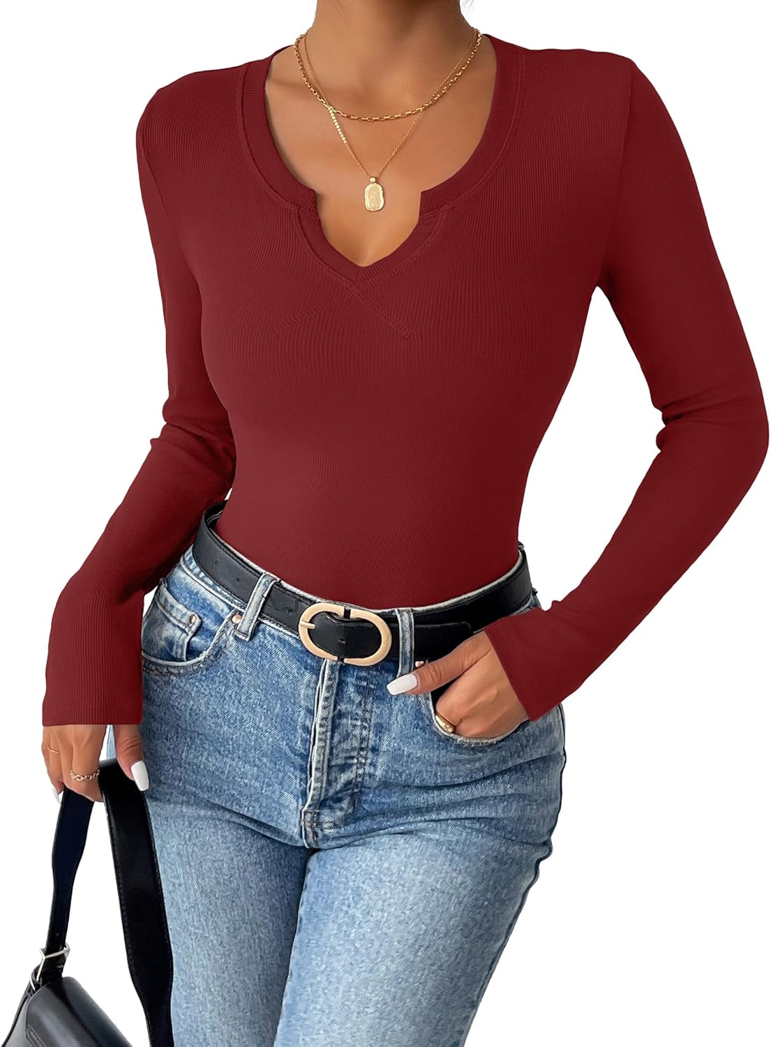 Thumbnail 3 de Zeagoo Chemises à manches longues pour femmes - col en V, tricot côtelé, coupe ajustée