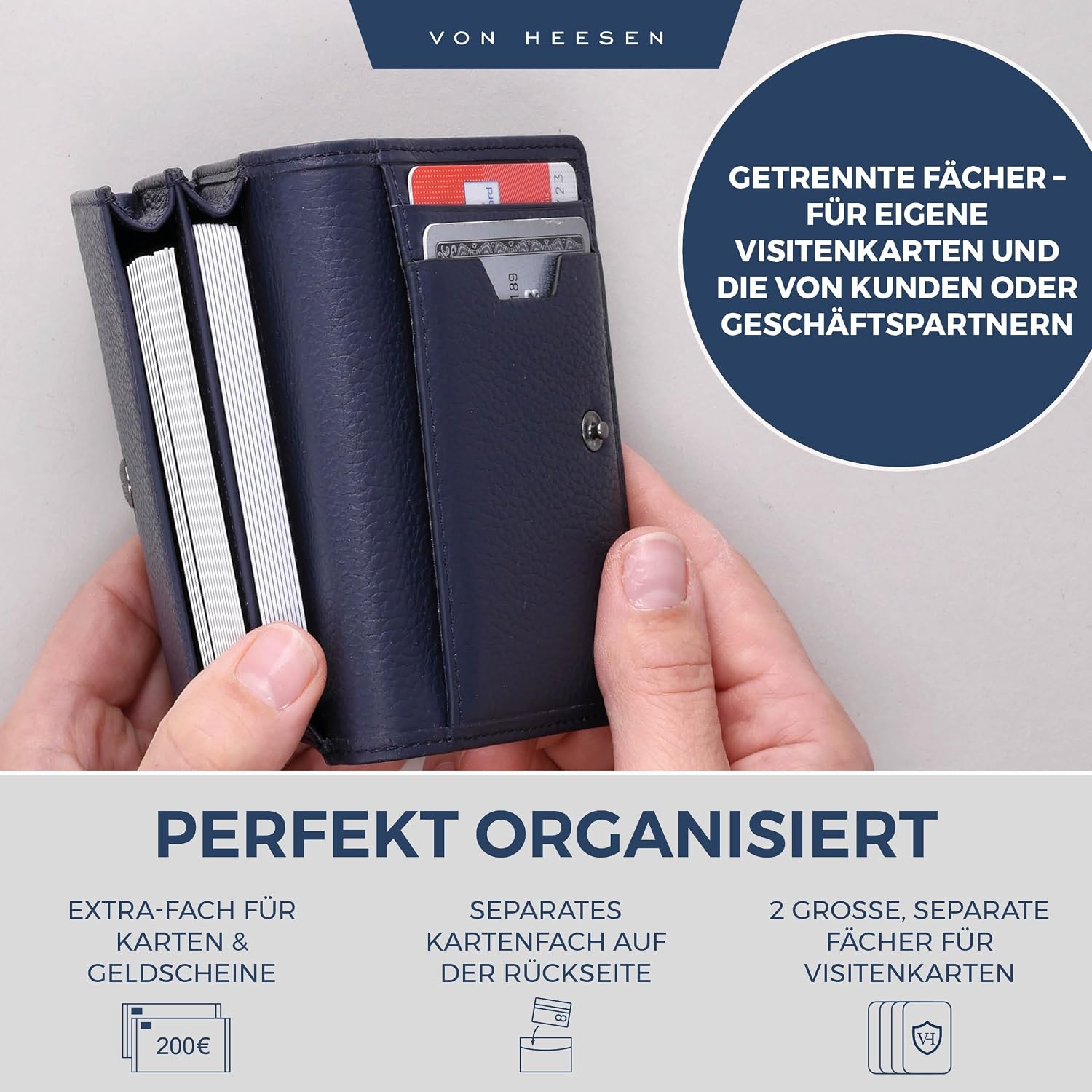 Detalle de VON HEESEN Visitenkartenetui Leder mit RFID-Schutz – 50 Karten, 6 Fächer, Dunkelblau
