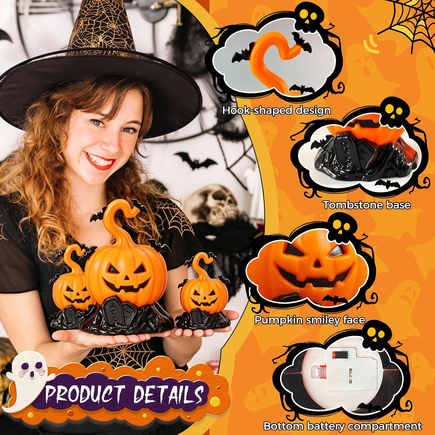 Detalle 2 de Bopertrove Kürbis-01 Halloween-pompoenlampjes, 3-delige LED-set op batterijen