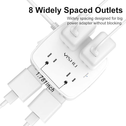 Detalle de YISHU 6Ft Surge Protector Power Strip with 8 Widely Spaced Outlets & 4 USB Ports