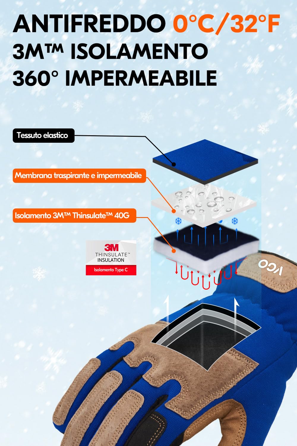 Thumbnail 1 de Vgo... Guanti da lavoro invernali impermeabili termici touchscreen con palmo in pelle bovina (1 paio)