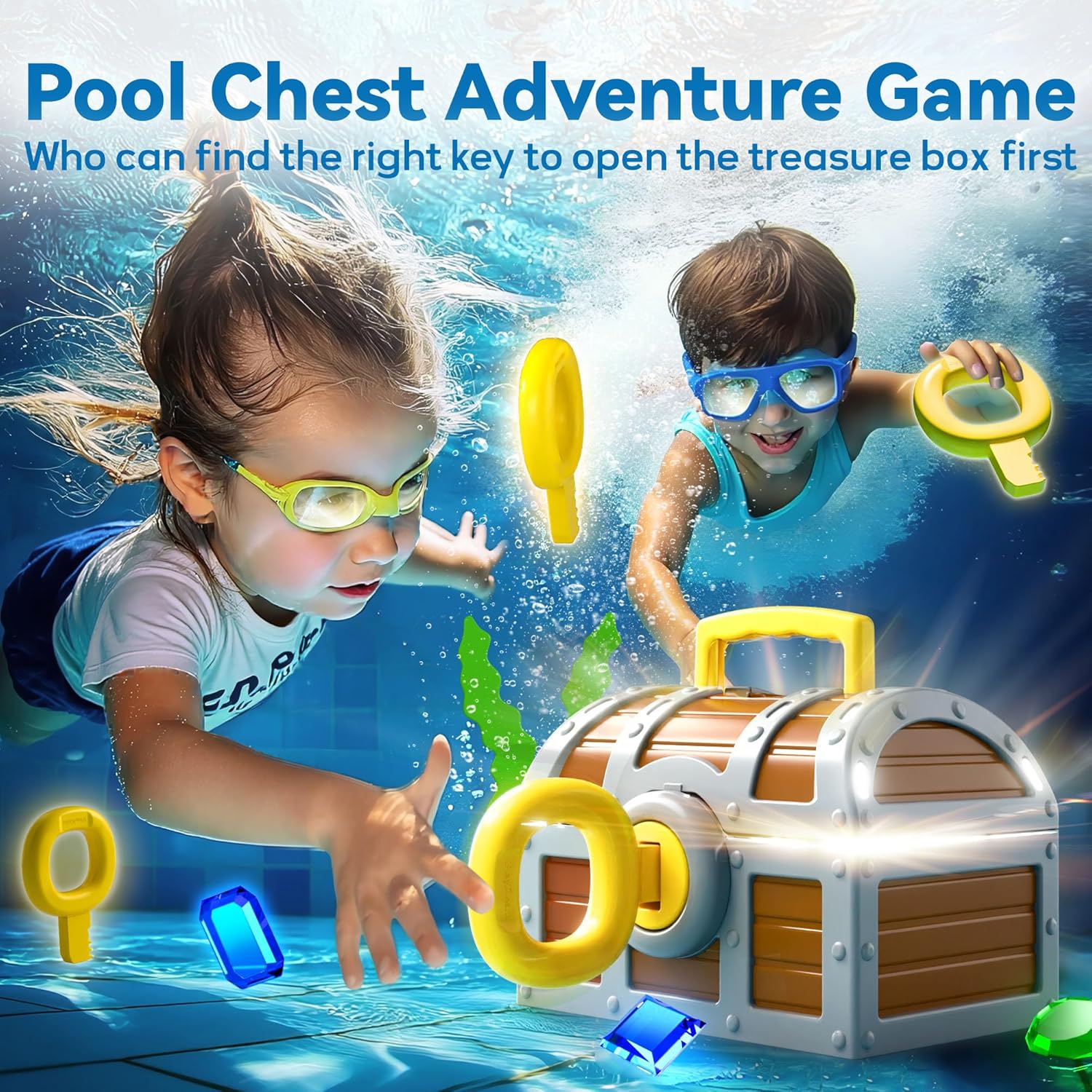Detalle 2 de Funscape Kids Diving Pool Toy: Large Treasure Chest with Keys, Gems, and Fish